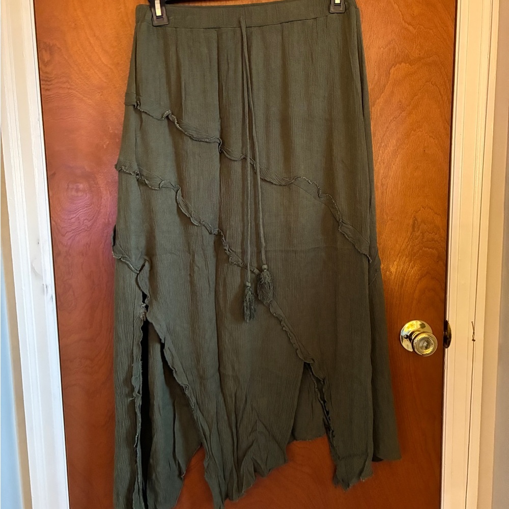 Olive Green Asymmetrical Gauze Skirt